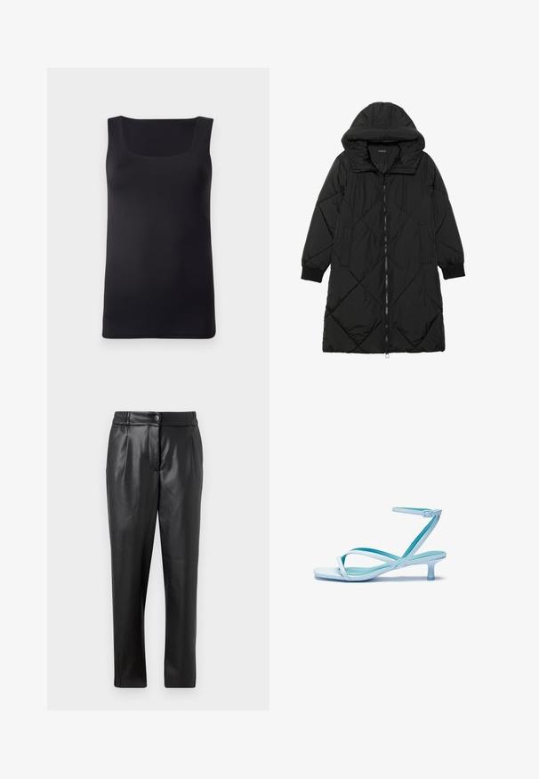 Manteau matelassé noir avec capuche, doté d'une fermeture éclair, de poches latérales et de poignets élastiques. Tissu lisse et résistant à l'eau.; Débardeur noir sans manches avec un décolleté carré, fabriqué en tissu lisse, présentant une coupe ajustée et des bords nets, sans motifs ni accents visibles.; Pantalons en cuir noir avec une texture lisse, coupe droite, taille élastique et fermeture à bouton à l'avant ; détails plissés et jambes fuselées.; Sandale bleu clair à lanières avec un bout carré, un petit talon, une bride ajustable à la cheville et une finition lisse et brillante. Lanières croisées sur la semelle.