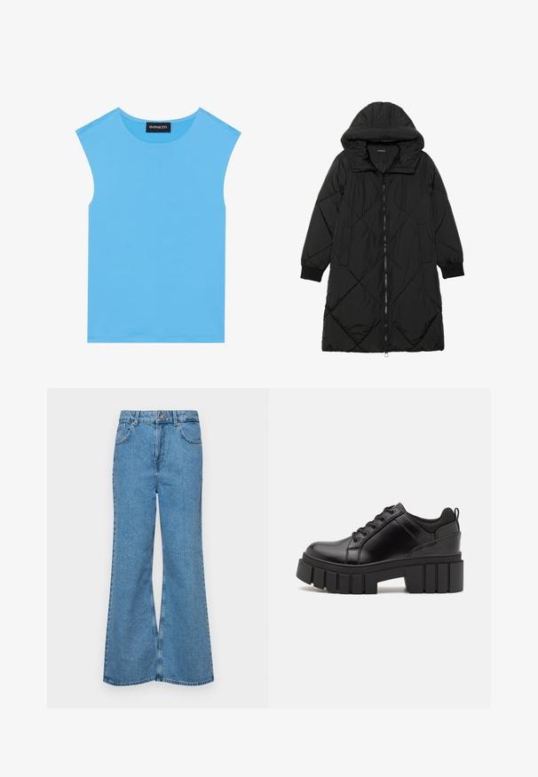 Black quilted puffer coat with a hood, featuring a zip closure, side pockets, and elastic cuffs. Smooth, water-resistant fabric.; Blue sleeveless top made from smooth fabric, featuring a round neckline and clean lines, without additional embellishments or patterns.; Light blue flared jeans made of denim, featuring a high waist, five pockets, and a single button closure. Soft texture with faded finish.; Black leather platform shoes with a chunky block heel, round toe, and traditional lace-up design. Features smooth texture and minimal detailing.