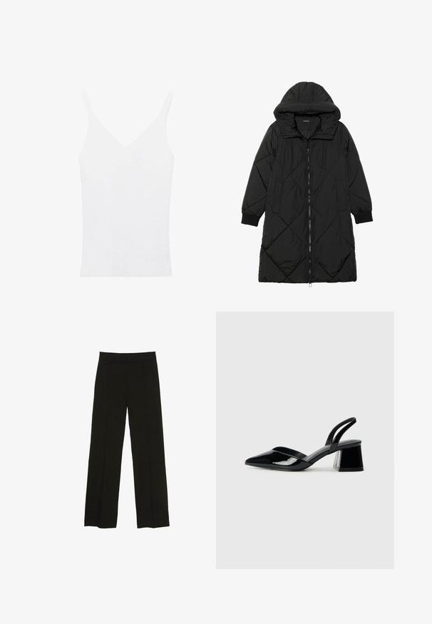 Geacă puffer neagră, matlasată, cu glugă, având închidere cu fermoar, buzunare laterale și manșete elastice. Material neted, rezistent la apă.; top alb cu bretele subțiri, decupaj în V, design ajustat și textură striată. Materialul pare moale și ușor.; Pantaloni largi negri, confecționați dintr-un material fin, cu un talie ajustată și pliuri frontale subtile pentru un plus de textură.; Pantofi cu toc slingback din piele lacuită neagră, cu vârf ascuțit și toc geometric. Prezintă un design elegant, minimalist și o textură netedă.