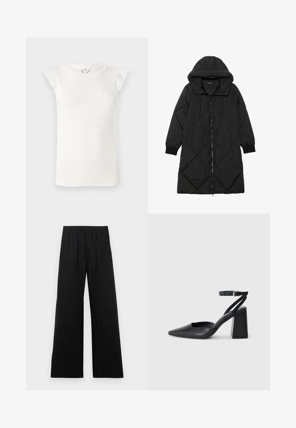 Musta tikattu puhvittakki hupulla, jossa on vetoketjukiinnitys, sivutaskut ja elastiset hihansuut. Sujuva, vettä hylkivä kangas.; Valkoinen hihaton toppi, jossa on ribbikuviointi ja pitsireunukset olkapäillä sekä pyöreä kaula-aukko.; Mustat leveälahkeiset housut, jotka on valmistettu puuvillakankaasta. Niissä on joustava vyötärönauha ja sileä, teksturoitu pinta. Ei näkyviä kuvioita tai koristeita.; Mustat nahkakengät, joissa on kapea kärki, nilkkaremmi ja paksu korko. Tasainen pinta, tyylikäs muotoilu ja minimalistinen estetiikka.