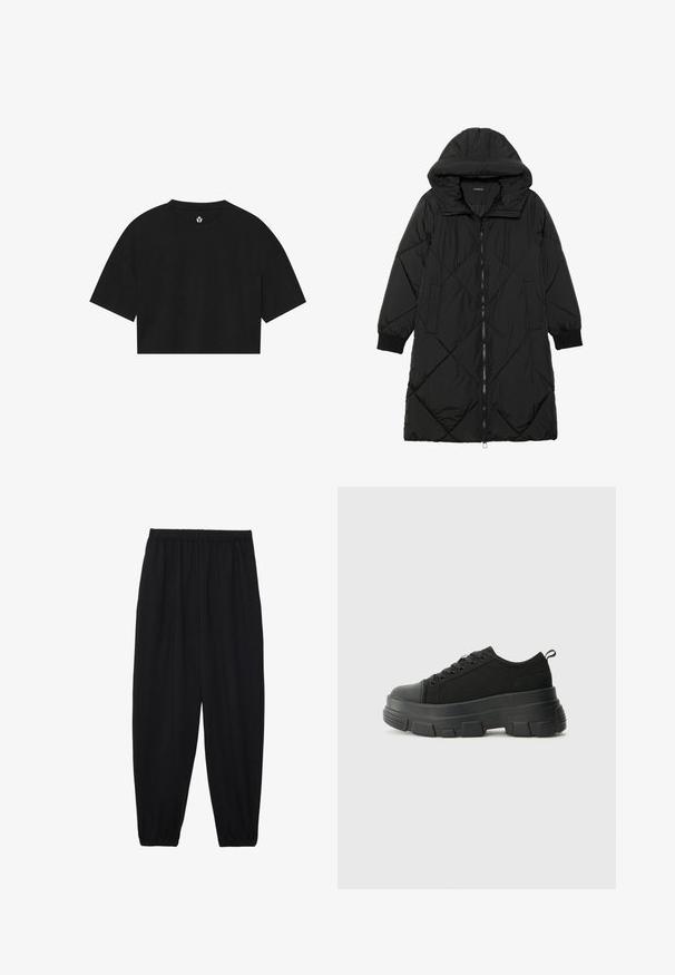 Svart quiltet puffjakke med hette, med glidelås, sidelommer og elastiske mansjetter. Glatt, vannavvisende stoff.; Svart cropped t-skjorte laget av mykt stoff, med korte ermer, rund hals og en enkel logo trykt nær kragen.; Svarte, lette bukser med elastisk liv og rynkede ankler. Stoffet er glatt og har en avslappet, innsvingt design.; Svarte sneakers med en kraftig gummisåle, teksturert stoffoverdel, rund tå og snøring. Har forsterkede snørehull og bakre trekkstang.