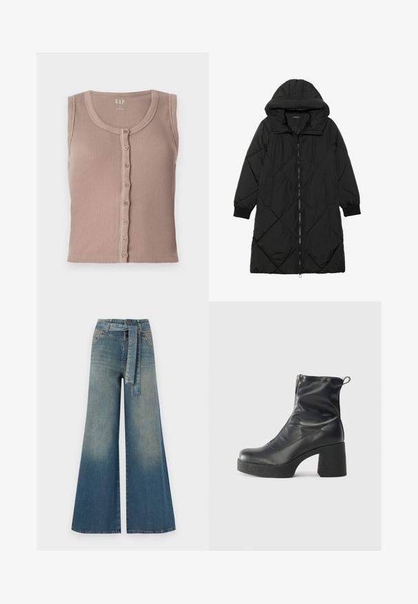 Geacă puffer neagră, matlasată, cu glugă, având închidere cu fermoar, buzunare laterale și manșete elastice. Material neted, rezistent la apă.; Top de pregătire din bumbac, de culoare maro, cu o linie rotundă la gât și închidere cu butoane, având dungi texturate orizontale și fără mâneci. Fabricat dintr-un material moale.; Pantaloni din denim largi, cu un gradient de la albastru deschis la albastru închis, talie înaltă, bucle pentru curea și o curea din același material. Finisaj texturat din denim.; Bocanci negri de glezna din piele netedă, cu fermoar lateral, toc texturat și masiv, și design cu vârf rotund.
