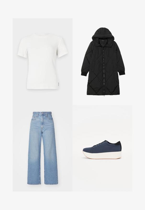 Fekete steppelt pufi kabát kapucnival, cipzáras záródással, oldalsó zsebekkel és elasztikus mandzsettákkal. Simább, vízlepergető anyag.; Fehér bordázott, rövid ujjú póló kerek nyakkivágással. Puha tapintás, testhezálló kialakítás és minimális varrási részletek.; Világoskék, magas derekú, bő szárú farmernadrág, elülső gombbal és cipzárral, elülső és hátsó zsebekkel, fehér háttérrel.; Sötétkék sportcipő, texturált szövet felsőrész, fehér platform talp, lekerekített orr és fekete sarok akcentussal. Hat fűzőlyuk található rajta.