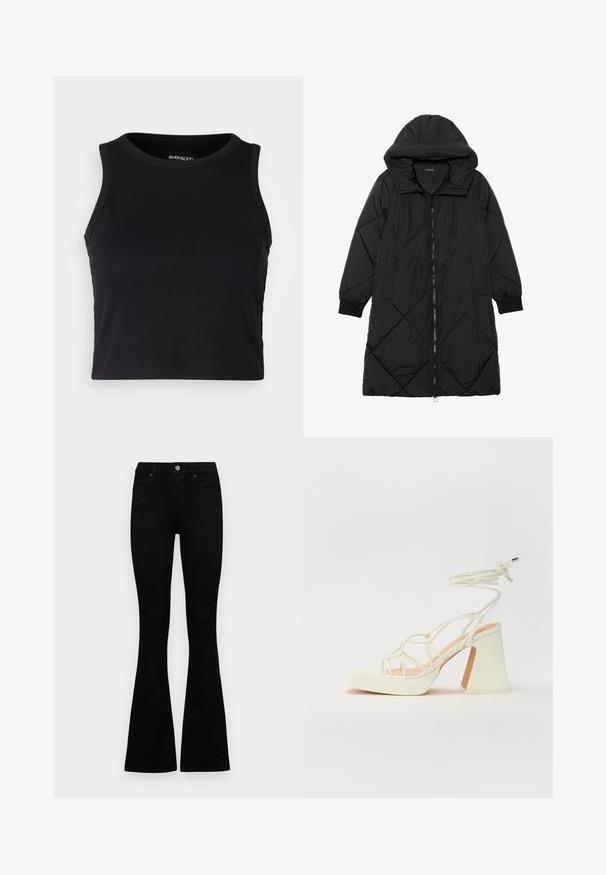 Black quilted puffer coat with a hood, featuring a zip closure, side pockets, and elastic cuffs. Smooth, water-resistant fabric.; Black ribbed crop tank top with a round neckline and sleeveless design. Made from soft, stretchy fabric, featuring clean hemmed edges.; Black high-waist jeans with a button and zip closure, front pockets, and flared legs laid flat on a white background.; White high-heeled sandal with a chunky heel, featuring a strappy design and ankle tie. Smooth texture with a platform front for added height.