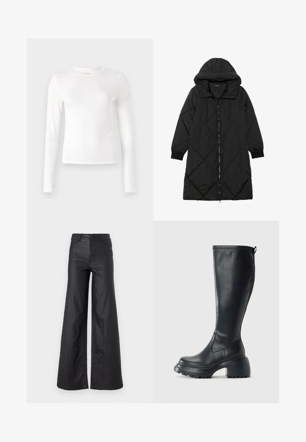 Fekete steppelt pufi kabát kapucnival, cipzáras záródással, oldalsó zsebekkel és elasztikus mandzsettákkal. Simább, vízlepergető anyag.; Fehér, hosszú ujjú póló, puha, rugalmas anyagból készült. Jellemzője a környakú kivágás és a testhezálló dizájn minimális varrással.; Fekete, bő szabású nadrág mesterséges bőrből. Jellemzője a magas derék, övhurkok, két elülső zseb és varrott részletek.; Magas fekete bőrcipő, vastag platform talppal és blokk sarokkal, húzófüllel és texturált profillal az outsole-on.