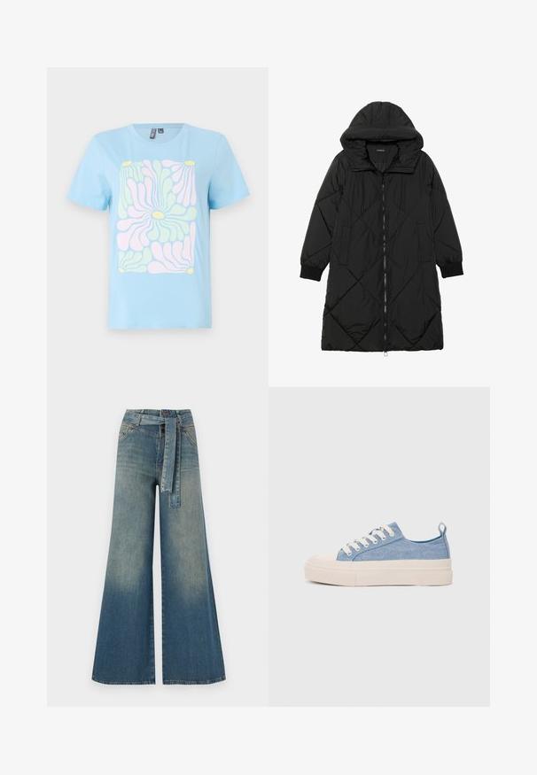 Svart quiltet puffjakke med hette, med glidelås, sidelommer og elastiske mansjetter. Glatt, vannavvisende stoff.; Lys blå bomull T-skjorte med et stort abstrakt blomsterdesign i pastell rosa, gul og grønn. Korte ermer og rund hals.; Bredde ben jeans med en lyseblå til mørkeblå gradient, høyt liv, beltehemper og et matchende belte i samme stoff. Teksturert denimoverflate.; Lys blå canvastøfler med en kremfarget gummitupp og yttersåle, med hvite snørebånd og en løfteløkke på hælen.