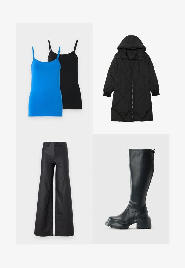 Sort quiltet pufferjakke med hætte, med lynlåslukning, sidelommer og elastiske manchetter. Glat, vandafvisende stof.; Bomulds tanktops i blå og sort. Begge har tynde stropper og en tætsiddende design. Den blå top har en glat overflade, mens den sorte top er ensfarvet.; Sorte, vidde bukser i et materiale der ligner læder. Har høj talje, bæltestropper, to forlommer og stiksyninger.; Høj sort læderstøvle med kraftig platformssål og blokhæl, med trækstrop og tekstureret sål.