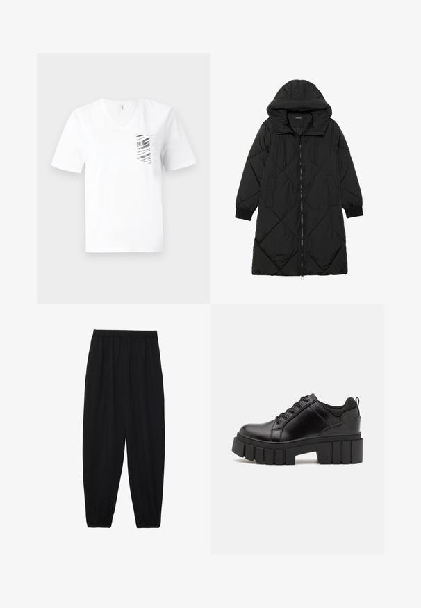 Musta tikattu puhvittakki hupulla, jossa on vetoketjukiinnitys, sivutaskut ja elastiset hihansuut. Sujuva, vettä hylkivä kangas.; Valkoinen puuvillat-paita, jossa on V-aukko ja hopeanraidallinen taskusuunnittelu. Lyhyet hihat ja rento istuvuus.; Mustat, kevyet housut, joissa on joustava vyötärö ja kerätyt nilkat. Kangas on sileä ja siinä on rento, kapeneva muotoilu.; Mustat nahkakengät, joissa on lättihenkinen korko, pyöreä kärki ja perinteinen nauhakiinnitys. Ominaisuuksiin kuuluu sileä pintakuvio ja minimaalinen yksityiskohtaisuus.