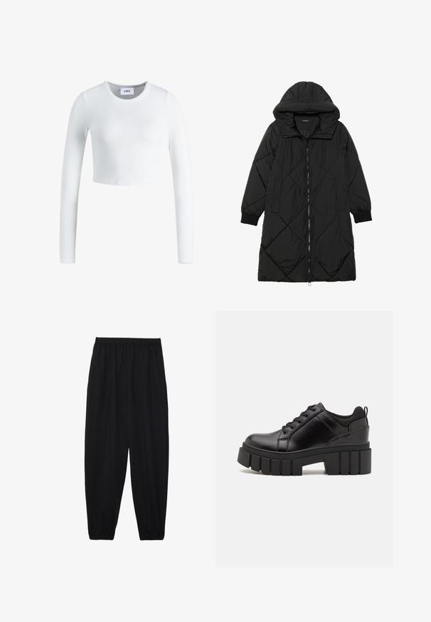 Zwarte gewatteerde pufferjas met een capuchon, voorzien van een ritssluiting, zijzakken en elastische manchetten. Glad, waterafstotend materiaal.; Wit lange mouwen crop top gemaakt van ribbelstof. Heeft een ronde halslijn en een aansluitend ontwerp. Etiket zichtbaar aan de binnenkant bij de hals.; Zwarte, lichte broek met een elastische tailleband en gathered enkels. De stof is glad en heeft een ontspannen, taps toelopend ontwerp.; Zwarte leren platform schoenen met een stevige blokhak, ronde neus en een traditionele vetersluiting. Kenmerkt zich door een gladde textuur en minimale details.