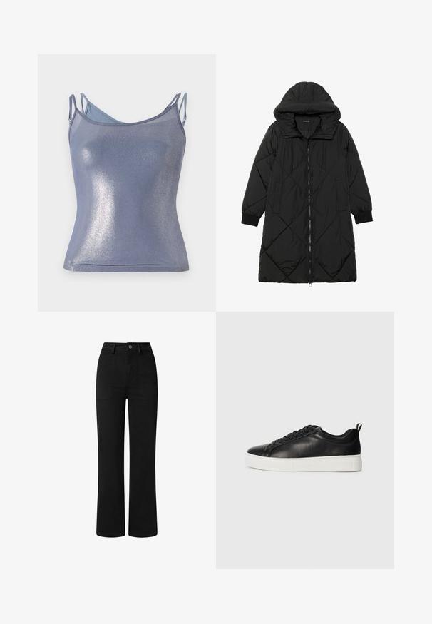 Juodas siūtais pūkų paltas su gobtuvu, turintis užtrauktuką, šonines kišenes ir elastines rankoves. Lygus, vandeniui atsparus audinys.; Blizgus, prigludęs cami viršus šviesiai mėlynos spalvos su reguliuojamomis petnešomis. Pasižymi švelnia tekstūra ir subtiliu blizgesiu.; Juodos, aukšto juosmens kelnės su tiesioginiu pjūviu, pagamintos iš lygaus medvilnės audinio. Yra priekinių kišenių ir paprastas metalinis mygtuko užsegimas.; Juodi odiniai žemos sportinės bateliai su juodomis raištelėmis ir storu baltu guminio pado, matomi iš išorės ant balto fono.