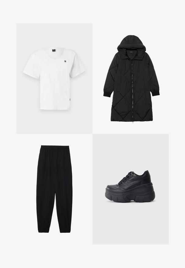 Svart quiltet puffjakke med hette, med glidelås, sidelommer og elastiske mansjetter. Glatt, vannavvisende stoff.; Hvit kortermet T-skjorte med V-hals laget av bomull. Har en liten svart logo øverst til venstre på brystet og en rett kant. Enkelt design.; Svarte, lette bukser med elastisk liv og rynkede ankler. Stoffet er glatt og har en avslappet, innsvingt design.; Sorte snøresko med tykk såle, med et glatt læroverdel, rund tå og distinkt lagdelt plattformdesign.