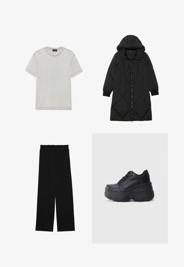 Czarna pikowana kurtka puchowa z kapturem, z zapięciem na zamek, bocznymi kieszeniami i elastycznymi mankietami. Gładki, wodoodporny materiał.; Jasnoszary bawełniany t-shirt z okrągłym dekoltem i krótkimi rękawami, charakteryzujący się prostymi liniami i minimalnymi detalami ściegów.; Czarne spodnie typu wide-leg z falbaną w pasie, z dwoma bocznymi kieszeniami i gładkim, lekkim materiałem. Brak widocznych wzorów lub elementów metalowych.; Czarne sznurowane trampki z masywną podeszwą, z gładkim skórzanym wierzchem, zaokrąglonym noskiem i wyraźnym, warstwowym designem platformy.