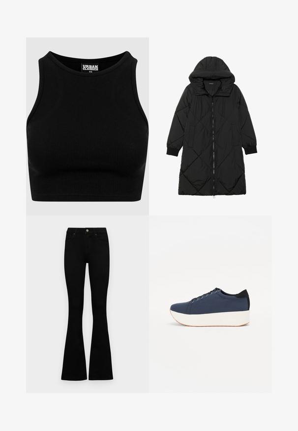 Abrigo acolchado negro con capucha, que cuenta con cierre de cremallera, bolsillos laterales y puños elásticos. Fabricado con un tejido liso y resistente al agua.; Top corto negro de canalé con escote redondo y diseño sin mangas. Confeccionado con una tela elástica y texturizada. La etiqueta dice "Urban Classics."; Jeans negros de cintura alta con cierre de botón y cremallera, bolsillos frontales y piernas acampanadas, dispuestos sobre un fondo blanco.; Zapatilla de color azul marino con parte superior de tejido texturizado, suela de plataforma blanca, punta redondeada y acento en el talón negro. Cuenta con seis ojales para los cordones.