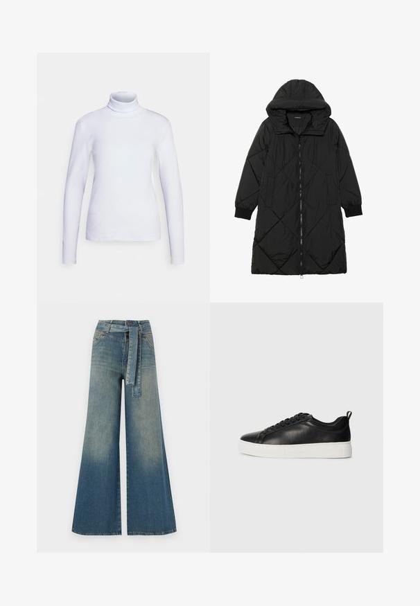 Črna prešita puffer jakna s kapuco, ki ima zadrgo, stranske žepe in elastične manšete. Gladek, vodoodporen material.; Bela turtleneck majica z dolgimi rokavi, izdelana iz gladkega materiala. Oprijet kroj z minimalnimi šivi, ki ima visok ovratnik in ravno spodnji rob.; Široke jeans hlače z gradientom od svetlo do temno modre, visokim pasom, zankami za pas in pasom iz istega materiala. Tekstura denim končnica.; Črne nizke usnjene športne copate s črnimi vezalkami in belim debelim gumijastim podplatom, prikazane s strani, na beli podlagi.
