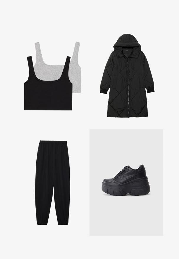 Black quilted puffer coat with a hood, featuring a zip closure, side pockets, and elastic cuffs. Smooth, water-resistant fabric.; Two cotton blend tank tops: one black and one grey, both with ribbed texture and wide straps, featuring a scoop neckline and comfortable fit.; Black, lightweight pants with an elastic waistband and gathered ankles. The fabric is smooth and features a relaxed, tapered design.; Black lace-up sneakers with a chunky sole, featuring smooth leather upper, rounded toe, and distinct layered platform design.