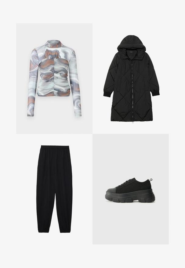 Czarna pikowana kurtka puchowa z kapturem, z zapięciem na zamek, bocznymi kieszeniami i elastycznymi mankietami. Gładki, wodoodporny materiał.; Długi rękaw, dopasowana bluzka w marmurkowy wzór w odcieniach szarości, bieli i brązu. Posiada wysoki dekolt oraz marszczone detale z przodu.; Czarne, lekkie spodnie z elastycznym pasem i ściągaczami na kostkach. Materiał jest gładki i ma luźny, zwężany krój.; Czarne sneakersy z masywną gumową podeszwą, teksturowaną górną częścią, okrągłym noskiem i sznurowanym zapięciem. Posiadają wzmocnione oczka i pętelkę z tyłu.