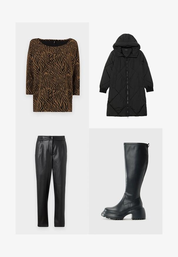 Geacă puffer neagră, matlasată, cu glugă, având închidere cu fermoar, buzunare laterale și manșete elastice. Material neted, rezistent la apă.; Top negru cu un model de imprimeu zebră în aurie, având un decolteu larg și mâneci trei sferturi, fabricat dintr-un material texturat.; Pantaloni din piele neagră cu o textură netedă, croială dreaptă, talie elastică și închidere cu nasture frontal; detalii plisate și picioare înguste.; Cizme lungi din piele neagră cu talpă platformă masivă și tocul pătrat, având un tab de tragere și un model texturat pe talpa exterioară.