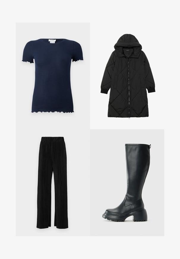 Juodas siūtais pūkų paltas su gobtuvu, turintis užtrauktuką, šonines kišenes ir elastines rankoves. Lygus, vandeniui atsparus audinys.; Tamsiai mėlynas dryžuotas marškinėliai su prigludusia forma, trumpomis rankovėmis ir banguotais kraštais rankovių ir apačios. Mėkkas, elastingas audinys.; Juodi plisuoti kelnės su elastine juosta. Turėkite plačias kojas ir glotnų, tekstūrinį audinį su vertikaliais dryžiais.; Ilgas juodos odinės batai su masyvi platforma ir stačiakampiu kulnu, turintys traukimo kilpą ir tekstūruotą pado raštą.