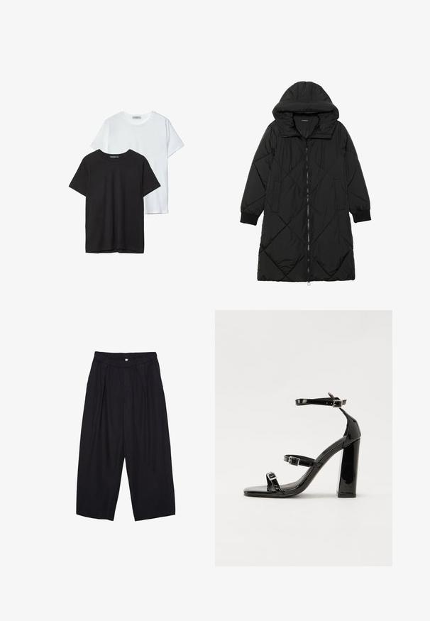 Schwarze, gesteppten Puffermantel mit Kapuze, ausgestattet mit einem Reißverschluss, seitlichen Taschen und elastischen Bündchen. Glattes, wasserabweisendes Material.; Zwei einfache T-Shirts, eines in Schwarz und eines in Weiß, aus weicher Baumwolle. Beide haben kurze Ärmel und einen runden Halsauschnitt, ohne sichtbare Logos.; Schwarze Polyester-Culotte mit einem elastischen Bund, zwei vorderen Falten und einer lockeren Silhouette. Keine sichtbaren Muster oder Hardware-Details.; Schwarze patentierte Sandalen mit Absatz, quadratischer Spitze, Knöchelriemen und silbernen Schnallen. Mit einem stabilen Blockabsatz für mehr Stabilität.