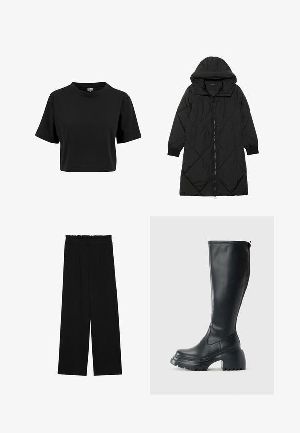 Zwarte gewatteerde pufferjas met een capuchon, voorzien van een ritssluiting, zijzakken en elastische manchetten. Glad, waterafstotend materiaal.; Zwart cropped T-shirt van katoen, met een ronde hals en korte mouwen, met een effen, gladde textuur en zonder zichtbare grafische elementen.; Zwarte wijde broek met een gerimpelde tailleband, voorzien van twee zijzakken en een soepele, lichte stof. Geen zichtbare patronen of hardware.; Hoge zwarte leren laars met een chunky plateauzool en blokhak, voorzien van een trekband en een gestructureerd profiel op de buitenzool.
