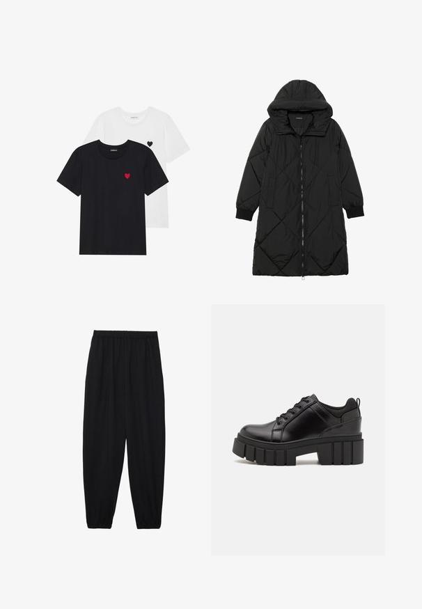 Musta tikattu puhvittakki hupulla, jossa on vetoketjukiinnitys, sivutaskut ja elastiset hihansuut. Sujuva, vettä hylkivä kangas.; Even&Odd 2 PACK - Printtipaita - white/black; Mustat, kevyet housut, joissa on joustava vyötärö ja kerätyt nilkat. Kangas on sileä ja siinä on rento, kapeneva muotoilu.; Mustat nahkakengät, joissa on lättihenkinen korko, pyöreä kärki ja perinteinen nauhakiinnitys. Ominaisuuksiin kuuluu sileä pintakuvio ja minimaalinen yksityiskohtaisuus.