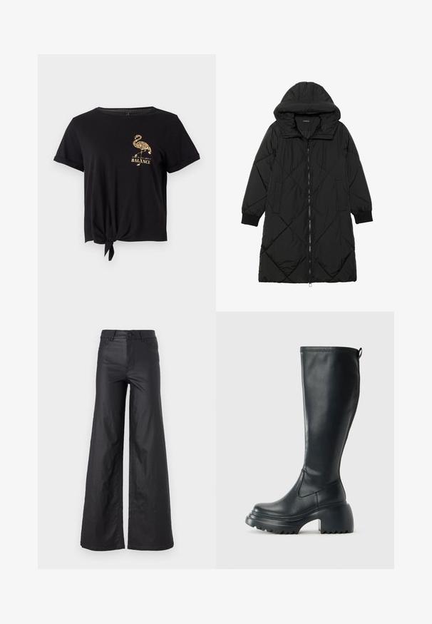 Fekete steppelt pufi kabát kapucnival, cipzáras záródással, oldalsó zsebekkel és elasztikus mandzsettákkal. Simább, vízlepergető anyag.; Fekete, puha pamut póló rövid ujjakkal, elől csomóra kötve, valamint egy arany flamingót ábrázoló grafikával és a "Az élet a BIZONYOS RENDSZERRŐL SZÓL" felirattal.; Fekete, bő szabású nadrág mesterséges bőrből. Jellemzője a magas derék, övhurkok, két elülső zseb és varrott részletek.; Magas fekete bőrcipő, vastag platform talppal és blokk sarokkal, húzófüllel és texturált profillal az outsole-on.