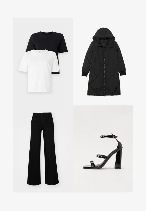 Casaco puffer acolchoado preto com capuz, apresentando um fecho de correr, bolsos laterais e punhos elásticos. Tecido suave e à prova d'água.; Camisas de algodão em preto e branco. Gola redonda, mangas curtas, corte descontraído. A camisa preta está exposta acima da camisa branca.; Calças largas pretas em denim, com uma cintura estruturada, passantes para cinto e bolsos frontais. Textura suave com um design clássico.; Sandálias de tacão preto laqueadas com bico quadrado, tiras para o tornozelo e fivelas prateadas. Apresentam um salto bloco chunky para estabilidade.
