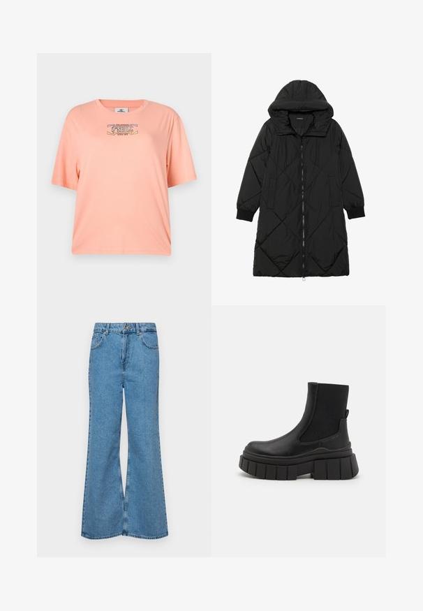 Zwarte gewatteerde pufferjas met een capuchon, voorzien van een ritssluiting, zijzakken en elastische manchetten. Glad, waterafstotend materiaal.; Perzikkleurig T-shirt met korte mouwen, gemaakt van zachte stof. Kenmerkt zich door een grafische print met het "O'Neill" logo op de voorkant. Ontspannen pasvorm.; Lichtblauwe flared jeans van denim, met een hoge taille, vijf zakken en een enkele knoopsluiting. Zachte textuur met een vervaagde afwerking.; Zwarte enkellaarzen van soepel leer met elastische zijpanelen, een robuuste platformzool en een gestructureerd loopvlak design.