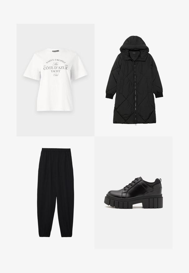 Casaco puffer acolchoado preto com capuz, apresentando um fecho de correr, bolsos laterais e punhos elásticos. Tecido suave e à prova d'água.; T-shirt de algodão branco com mangas curtas, decote redondo e impressão preta que diz "SAINT-TROPEZ CÔTE D’AZUR YACHT Club."; Calças pretas, leves, com um cinto elástico e punhos franzidos. O tecido é suave e apresenta um design relaxado e afunilado.; Sapatos de plataforma em couro preto com um salto bloco robusto, bico redondo e design clássico de atacadores. Apresentam uma textura suave e detalhes mínimos.