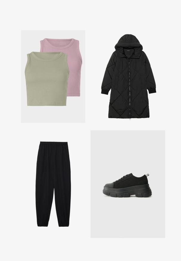 Black quilted puffer coat with a hood, featuring a zip closure, side pockets, and elastic cuffs. Smooth, water-resistant fabric.; Two sleeveless ribbed crop tops, one in light green and one in light pink, showcasing soft texture and round necklines.; Black, lightweight pants with an elastic waistband and gathered ankles. The fabric is smooth and features a relaxed, tapered design.; Black sneakers with a chunky rubber sole, textured fabric upper, round toe, and lace-up design. Features reinforced eyelets and back pull tab.