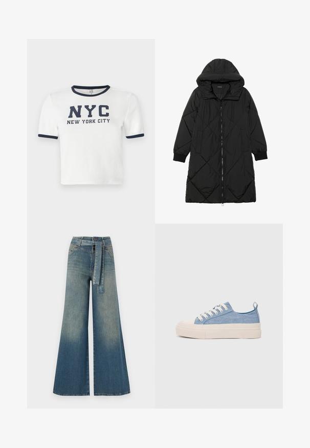 Black quilted puffer coat with a hood, featuring a zip closure, side pockets, and elastic cuffs. Smooth, water-resistant fabric.; White short-sleeve t-shirt with navy blue accents at the collar and sleeves. Features bold printed text: "NYC NEW YORK CITY."; Wide-leg denim trousers featuring a light to dark blue gradient, high waist, belt loops, and a matching fabric belt. Textured denim finish.; Light blue canvas sneakers with a cream rubber toe cap and outsole, featuring white laces and a pull tab on the heel.