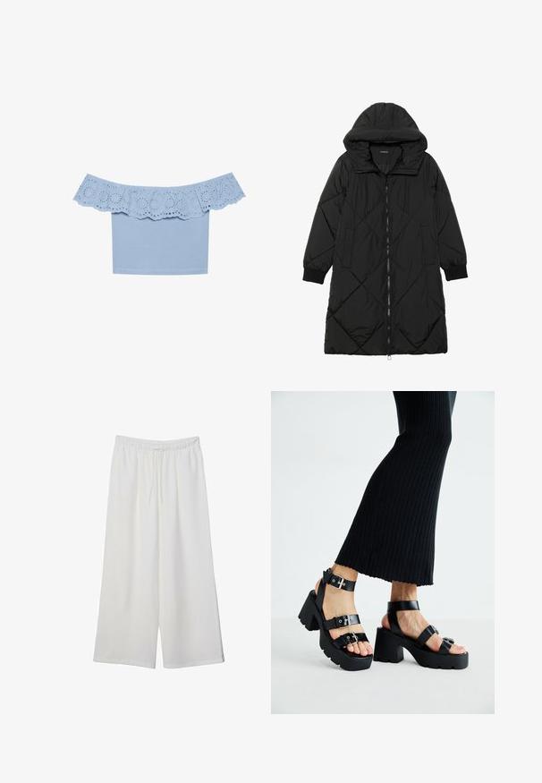 Cappotto imbottito nero trapuntato con cappuccio, caratterizzato da chiusura con zip, tasche laterali e polsini elastici. Tessuto liscio e resistente all'acqua.; Top azzurro chiaro senza spalle con scollo a volant e fori a occhio. Tessuto morbido con design aderente.; Pantaloni bianchi a gamba larga realizzati in tessuto leggero, dotati di una vita elastica e di un cordino per una vestibilità regolabile. Texture liscia.; Sandali neri con piattaforma, suole chunky e tassellate, dotati di molteplici cinturini, con fibbie in metallo e un texture simile alla pelle liscia.