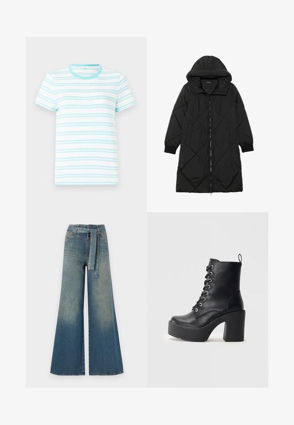 Black quilted puffer coat with a hood, featuring a zip closure, side pockets, and elastic cuffs. Smooth, water-resistant fabric.; Short-sleeve t-shirt made of lightweight fabric, featuring horizontal light blue stripes on a white background and a matching round neckline.; Wide-leg denim trousers featuring a light to dark blue gradient, high waist, belt loops, and a matching fabric belt. Textured denim finish.; Black leather ankle boot with a chunky block heel, lace-up front, and textured surface. Features a tab on the back for easy wear.