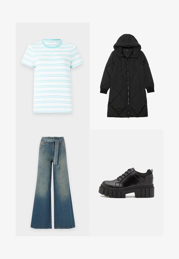 Abrigo acolchado negro con capucha, que cuenta con cierre de cremallera, bolsillos laterales y puños elásticos. Fabricado con un tejido liso y resistente al agua.; Camiseta de manga corta hecha de tela ligera, con rayas horizontales azul claro sobre un fondo blanco y un escote redondo a juego.; Pantalones de mezclilla de pierna ancha con un degradado de azul claro a oscuro, cintura alta, trabillas para cinturón y un cinturón de tela a juego. Acabado de mezclilla texturizada.; Zapatos de plataforma de cuero negro con un tacón cuadrado grueso, punta redonda y diseño tradicional de cordones. Presenta una textura suave y un detalle minimalista.