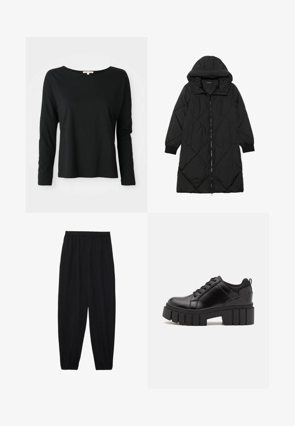 Crna tkanina sa štepom puffer kaput s kapuljačom, sa zatvaračem na zip, bočnim džepovima i elastičnim manžetama. Glatka, vodootporna tkanina.; Crna majica dugih rukava s crewneck izrezom, opuštenog kroja i spuštenim ramenima, prikazana na bijeloj pozadini.; Crne, lagane hlače s elastičnom stražnjom pasicom i naboranim gležnjevima. Tkanina je glatka i ima opušteni, suženi dizajn.; Crne kožne platforme s debelim blok-peta, okruglim prstima i klasičnim dizajnom vezanja. Imaju gladak tekstur i minimalne detalje.