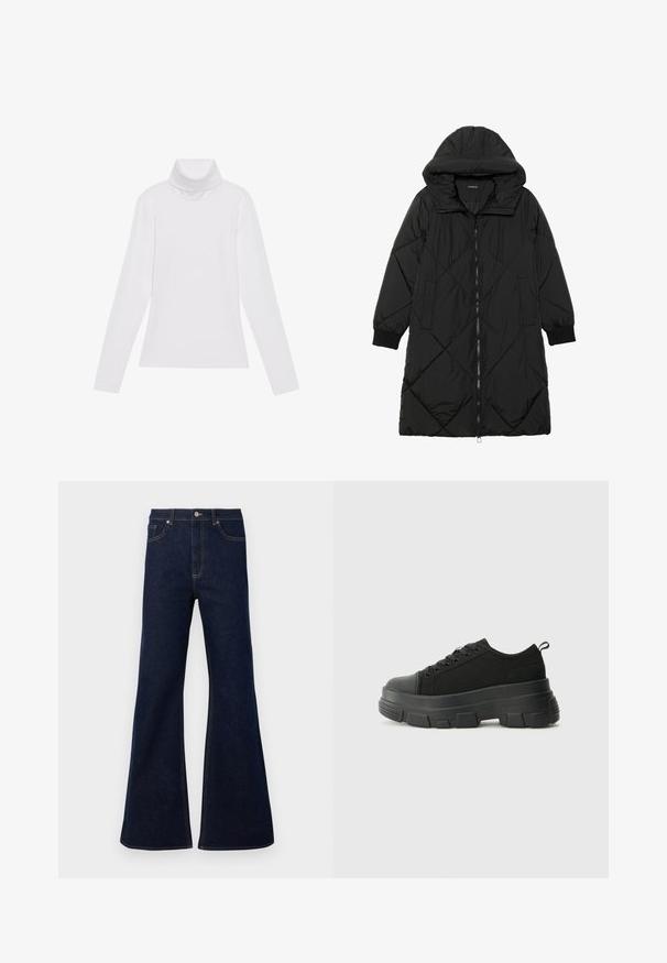 Geacă puffer neagră, matlasată, cu glugă, având închidere cu fermoar, buzunare laterale și manșete elastice. Material neted, rezistent la apă.; Tricou alb cu mâneci lungi și guler înalt, realizat dintr-un material neted și elastic. Dispune de un design ajustat, fără modele vizibile sau embellishments.; Blugi din denim flared de culoare albastru închis, cu talie înaltă, buzunare frontale și detalii din fire aurii. Textură netedă cu un croi tradițional.; Adidași negri cu talpă groasă din cauciuc, superior din material texturat, bot rotund și design cu șireturi. Include gauri întărite pentru șireturi și o buclă pe spate.