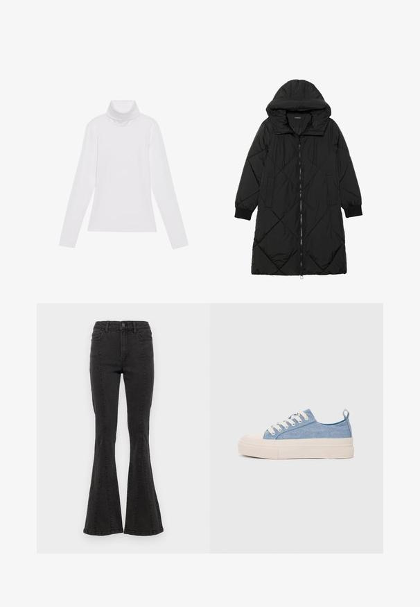 Melnas quiltētas pūkara mētelis ar kapuci, ar rāvējslēdzēja aizdari, sānu kabatām un elastīgām aprocēm. Gluda, ūdensizturīga auduma.; Balts garie piedurknēm turtlenecks krekls, izgatavots no gludas, elastīgas auduma. Iezīmē augstu apkakli un pielāgotu dizainu, bez redzamām rakstainām vai rotājumiem.; Melnas džinsu bikses ar platām kājām un augstu jostas vietu, ar sānu šuvēm un gludu apdari pie apakšmalas. Audumam ir gluda tekstūra ar nelielu stiepšanos.; Gaiši zili kanvas sneakeri ar krēmkrāsas gumijas pirksta aizsargu un ārējo zoli, aprīkoti ar baltām šņorēm un cilpu uz papēža.