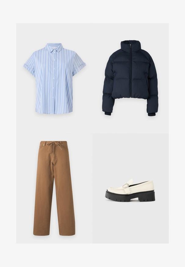 Navy puffer jacket with a ribbed texture, high collar, and front zipper. Cropped design with elastic cuffs. Suitable for cooler weather.; Light blue short-sleeved button-up shirt with vertical white stripes, a collared neckline, and rolled cuffs. Smooth fabric texture.; Brown wide-leg pants made from cotton, featuring a drawstring waist and two front pockets. Textured fabric with a smooth finish.; White leather loafer with a chunky black platform sole, featuring a rectangular silver buckle and visible stitching detail on the upper.