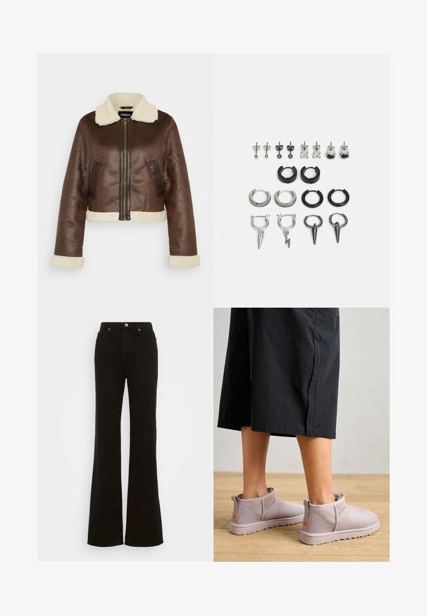 Brązowa, sztuczna skórzana kurtka typu cropped z kołnierzem z owczej wełny, dopasowanymi mankietami i bocznymi kieszeniami; posiada zamek błyskawiczny z przodu i kontrastujące panele.; Brązowy, puszysty sweter z dzianiny z długimi rękawami, wysokim ściągaczem i zapięciem na guziki z sześcioma czarnymi guzikami na przodzie i mankietach.; Czarna bluzka z długim rękawem i kołnierzem typu stójka, wykonana z prążkowanej tkaniny, charakteryzuje się dopasowanym krojem, wysokim dekoltem oraz brakiem wzorów i zdobień.; Czarne dżinsy z wysokim stanem i rozszerzanymi nogawkami, wykonane z denimu, z zapięciem na guzik, bocznymi kieszeniami oraz gładką fakturą.; Szare zamszowe botki za kostkę o miękkiej fakturze, z pętelką z tyłu i jasną gumową podeszwą. Noszone z czarnymi spodniami do kolan.; Zestaw kolczyków w różnych stylach: srebrne i czarne kolczyki w kształcie obręczy, kolczyki na sztyfcie oraz wiszące, z teksturami i detalami takimi jak kolce i wzory.