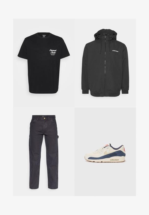 Black hooded jacket with a front zipper, elastic cuffs, and embroidered logo on the chest. Smooth fabric with a matte finish.; Black cotton T-shirt featuring a crew neck, short sleeves, and white printed text on the left chest area. Simple design with no additional patterns.; Dark gray cargo pants made of durable fabric, featuring a straight-leg cut, five pockets, and a button closure at the waist.; Sneakers with a cream leather and navy suede upper, featuring a visible air sole, beige rubber outsole, and red accent on the heel.