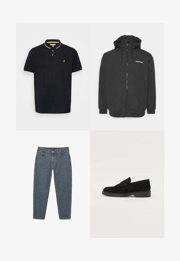 Musta hupullinen takki, jossa on etuvetoketju, joustavat hihansuut ja brodeerattu logo rinnassa. Silkkinen kangas, jossa on matta pinta.; Musta polo-paita, joka on valmistettu puuvillasta. Paidassa on keltainen kaulus ja hihansuut, kolme nappia edessä ja pieni keltainen logo rinnassa.; Tummansiniset farkut rentoa istuvuutta, viisi-taskista muotoilua, napitus ja hieman kuluneet lahkeensuukkeet. Kestävä materiaali, jossa on hienovarainen tekstuuri.; Musta mokkasiinipohja, jossa on matala korko, ja jonka päällä on yksinkertainen nauha sekä teksturoitu yksityiskohta sivuilla.