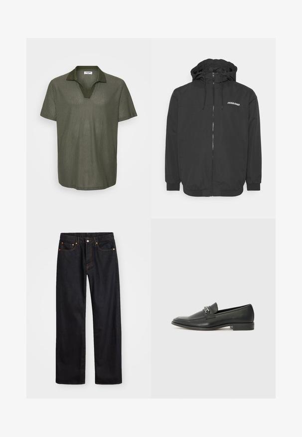 Črna kapucna jakna s sprednjim zadrgo, elastičnimi manšetami in vezenim logotipom na prsih. Gladka tkanina z mat površino.; Olivno zelena kratkolinijska polo majica z žametno teksturo, V-izrezom in kontrastnim dizajnom ovratnika. Lahka tkanina z sproščenim krojem.; Moške črne kavbojke ravnega kroja z petimi žepi in oranžnim šivanjem, z gumbom in zadrgo na sprednjem pasu.; Črni usnjeni loafer z gladko površino, ki ima šivano zasnovo in dekorativni kovinski verižni naglas preko vampirja. Ravno peto.