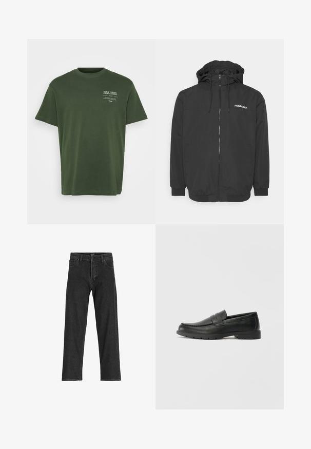 Schwarze Kapuzenjacke mit einem Frontreißverschluss, elastischen Bündchen und gesticktem Logo auf der Brust. Glattes Material mit matter Oberfläche.; Grüne Baumwoll-T-Shirt mit Rundhalsausschnitt, kurzen Ärmeln und weißem Drucktext auf der oberen linken Seite. Glatte Textur, lockere Passform.; Schwarze Jeans aus Denim mit geradem Bein, ausgestattet mit einem Reißverschluss, Gürtelschlaufen und sechs Taschen, gefertigt aus einem robusten Baumwollmischgewebe.; Schwarze Lederloafers mit glatter Oberfläche, Mokassin-oberteil, genähten Details und Gummisohle. Klassisches Design mit niedrigem Absatz.