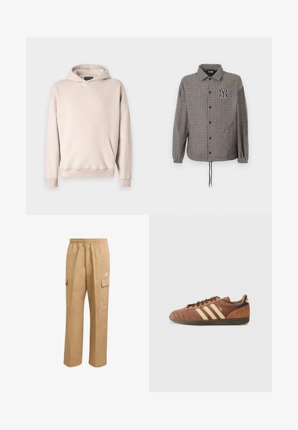 Chaqueta de patrón de toile de Jouy en gris y negro, con un cierre delantero de botones, puños elásticos y un logo bordado en el pecho.; Sudadera con capucha color beige claro, hecha de un tejido suave. Presenta un bolsillo tipo canguro, puños acanalados y un diseño de corte relajado.; Pantalones cargo de color marrón claro con una cintura elástica, dos bolsillos laterales tipo cargo y un pequeño logotipo blanco en el muslo superior izquierdo. Textura suave.; adidas Originals SAMBA UNISEX - Zapatillas - preloved brown/sand strata/dark brown