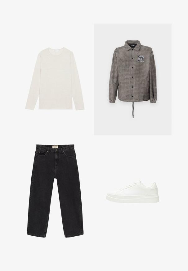 Grau-schwarz gemusterte Jacke im Hahnentrittmuster, mit Knopfleiste, elastischen Bündchen und einem bestickten Logo auf der Brust.; Cremfarbendes Langarm-T-Shirt aus weichem Strickstoff. Es hat einen runden Ausschnitt und einen lockeren Schnitt ohne sichtbare Muster oder Akzente.; Schwarze Denim-Jeans mit einem lässigen Schnitt. Verfügt über fünf Taschen, einen Frontknopfverschluss und Nahtdetails. Leicht verwitterte Textur.; Weiße Sneaker mit einem glatten Lederoberteil, flachen Schnürsenkeln und einer dicken Gummisohle. Das minimalistische Design verfügt über subtile Nähte und nahtlose Akzente.