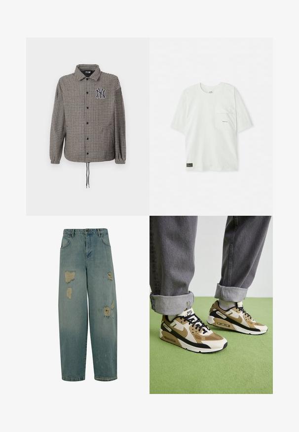 Houndstooth-patterned jacket in gray and black, with a button-up front, elastic cuffs, and an embroidered logo on the chest.; Short-sleeved, light green t-shirt made of cotton. Features a chest pocket and a small logo near the pocket. Soft texture, casual design.; Light blue denim jeans with a relaxed fit, featuring multiple distressed patches and frayed edges. Classic five-pocket design.; Nike Air Max 90 sneakers in beige and black, featuring mesh and leather materials, visible cushioning, and black laces.