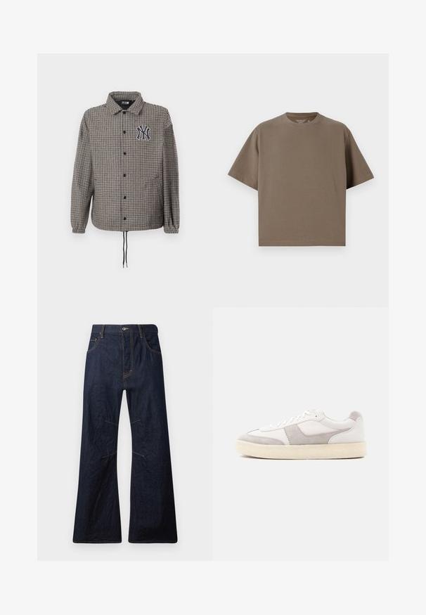 Harlekiiniku mu Musteri hallis ja mustas, nupuga ees, elastsete varrukatega ja tikitud logoga rinnal.; Ruskea, lyhythihainen t-paita pehmeästä kankaasta, jossa on pyöreä kaula-aukko. Ominaisuuksina rento malli ja yksinkertaiset helmaresorit.; Tummansininen farkkurokkohousut, joissa on keltainen ompelu, viisi taskua ja vetoketjukiinnitys. Ominaisuuksiin kuuluu vaakasauma polvien yläpuolella.; Valkoiset tennarit, joissa on harmaat mokkanahka yksityiskohdat, pyöreä varvas, pehmeä kaulus ja teksturoitu kumipohja. Varustettu kudotuilla nauhoilla ja minimalistisella muotoilulla.