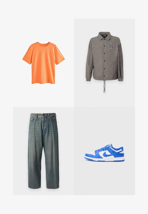 Szürke és fekete hajszálmintás dzseki, gombos elejével, elasztikus mandzsettákkal és hímzett logóval a mellkason.; Next Basic póló - mottled orange; Világoskék farmernadrág, laza fazonnal, közepes derékbőséggel és egyenes szárral. Öt zsebet, övbucskát és gombos záródást tartalmaz.; Nike Dunk cipők kék és fehér bőr felsőrésszel, perforált orral, fűzőrendszerrel és texturált gumitalppal.
