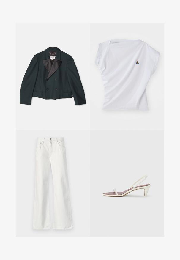 Īss divrindas žakets tumši zaļā vilnā, ar melnu satīna izcilu atloku, diviem priekšējiem kabatām un melnām pogām.; Balta īsā piedurkņu T-kreklā izgatavota no kokvilnas, ar nelielu izšuvumu uz krūtīm, kurā attēlots lācis zila kosmosa kuģī.; Baltie džinsi ar platām kājām, augstās jostas vietas, piecu kabatu dizainu un redzamām šuvēm. Iekļautas metāla pogas un rāvējslēdzēja aizdare.; Baltas siksnas sandales ar nelielu papēdi, plānām siksniņām un gludu ādas tekstūru; ar nelielu dekoratīvu sprādzi.