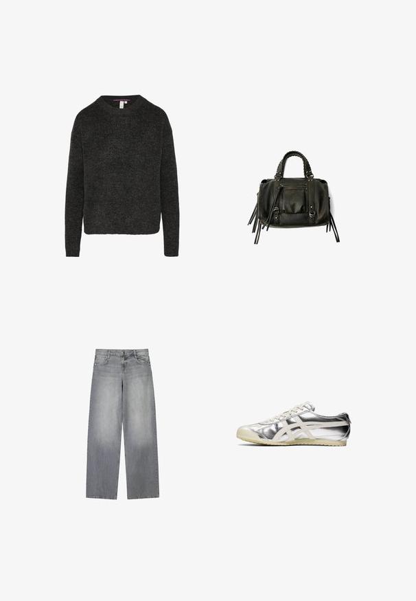 Manteau en mélange de laine noir avec un design à double boutonnage, grands revers, poches latérales et une ceinture nouée à la taille. Comprend des accents de boutons.; Pull en tricot gris foncé avec un col rond et des manches longues. Présente une texture côtelée et un ourlet droit. Coupe décontractée.; Jean en denim gris à jambes larges avec une finition légèrement décolorée, doté de cinq poches, d'une fermeture à bouton à l'avant et de passants de ceinture.; Baskets métalliques argentées avec des accents et des lacets blancs. Présentent une surface texturée, un bout arrondi et une semelle en caoutchouc avec un motif pour l'adhérence.; Sac à main en cuir noir avec des poignées tressées, une poche zippée et des glands suspendus. Surface texturée avec des clous en métal et des accents en métal.